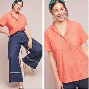 Maeve‎ Anthropologie Women's Eyelet Guayabera Short Sleeve Button Down Blouse 4